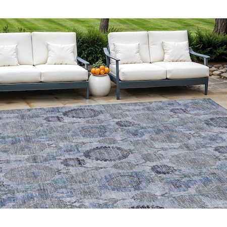 Homeroots 9' X 12' Navy Blue And Sky Blue Damask Washable Indoor Outdoor Area Rug 588146
