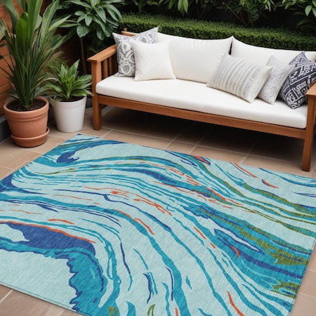 Homeroots 9' X 12' Blue Pink And Green Abstract Washable Indoor Outdoor Area Rug 600226