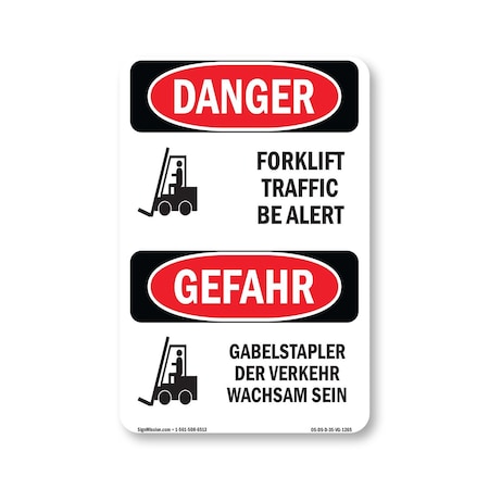 Signmission Safety Sign, OSHA Danger, 5" Height, Forklift Traffic Be Alert Bilingual, D-35-VG-1265 OS-DS-D-35-VG-1265