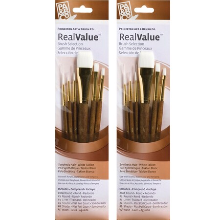 Princeton RealValue Brush Set, White Taklon Bristles, Short Handle Mixed Media Paintbrush, 6-Piece Set, 2PK PR9140