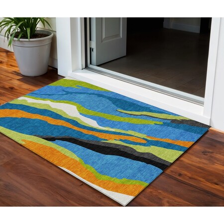 Homeroots 3' X 5' Denim Blue Copper And Green Abstract Washable Indoor Outdoor Area Rug 600960