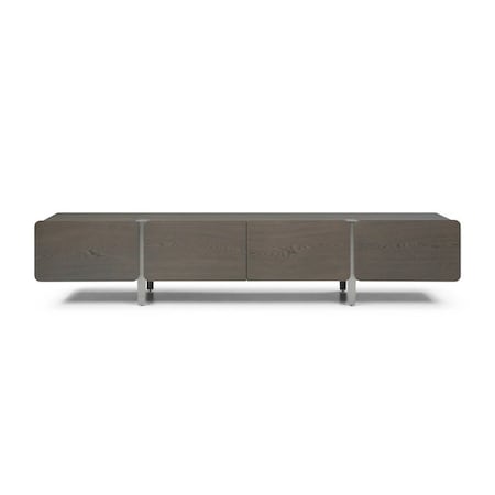 Homeroots 95in Ash Gray And Nickel Wood And Stainless Steel Enclosed Storage TV Stand 722442