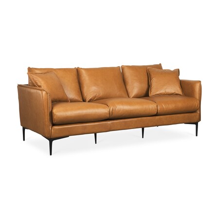 Homeroots 86" Tan Leather Sofa And Toss Pillows With Black Legs 607327