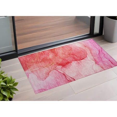 Homeroots 3' X 5' Pink Abstract Washable Non Skid Indoor Outdoor Area Rug 559760