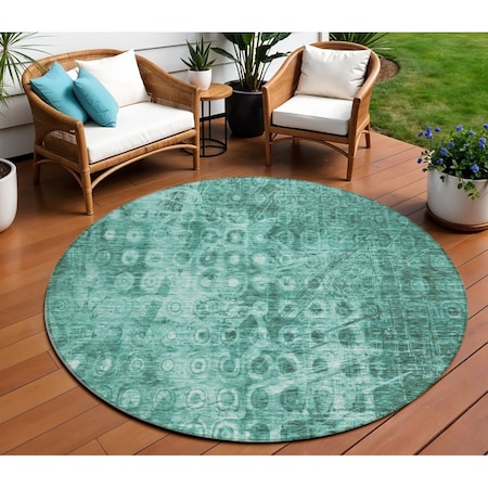 Homeroots 8' Teal Blue Round Ikat Washable Indoor Outdoor Area Rug 577003