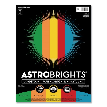 Astrobrights Color Cardstock -inPrimaryin Assortment, 65lb Cover Weight, 8.5x11, Assorted Primary Colors, 100PK 91646