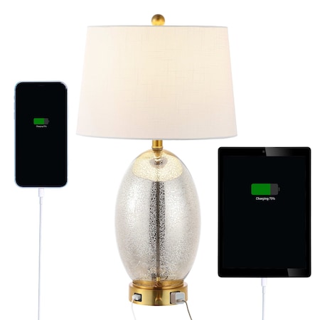 Jonathan Y Reese 26.5" 1-Outlet Contemporary Style Iron/Glass LED Table Lamp w/USB Charging Port, Silver/Brass G JYL4054A
