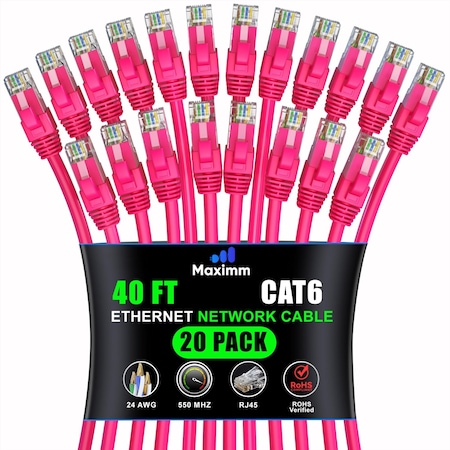 Maximm Cat6 Ethernet Cable 40ft 10Gbps 550MHz UTP, 20PK, Pink, 20PK CAT6CCA-40PN20PK