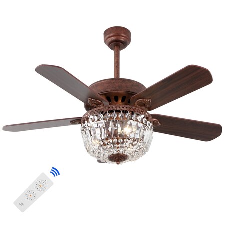 Jonathan Y Neva 42" 3-Light Rustic Industrial 6-Speed Metal/Crystal Bowl Shade Mobile-App/Remote-Controlled LED JYL9734A