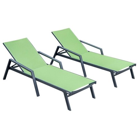 Leisuremod Marlin Patio Chaise Lounge Chair with Armrests in Black Aluminum Frame, Green, 2PK MLABL-77G2