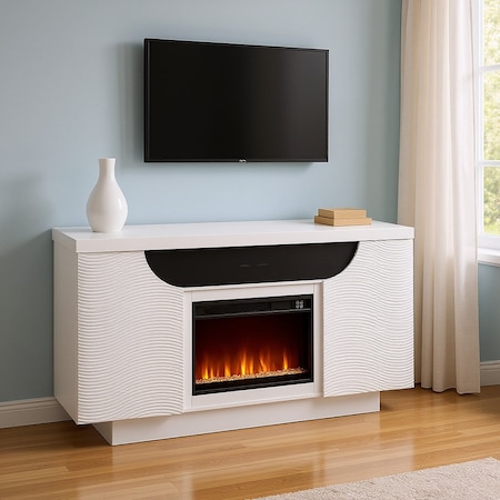 Homeroots 66" White Ribbed Wood Electric Storage Cabinet Fireplace With LED And Speaker 643643