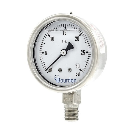 Bourdon Pressure Gauge, 0 to 30 psi, 2 1/2 in Dial, 1/4 in NPT, Bottom Location MEX3-D52.H17/0133