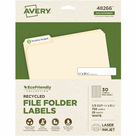 Avery File Folder Label, 21/32" Label W, 30 Labels per Sheet White 48266