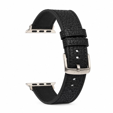Elegani Hybrid Leather Rubber Band Compatible with Apple Watch 44mm, Black, Silver Buckle QRALGM-BLK-44