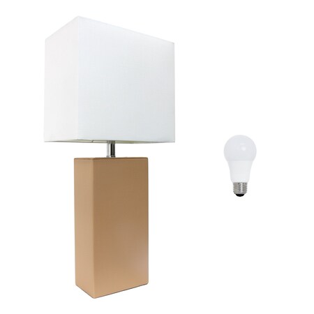 Homeroots 21" Beige Faux Leather Table Lamp LED With White Shade 642999
