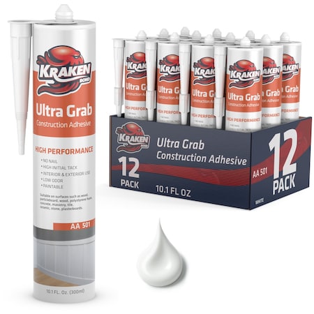 Krakenbond Kraken Bond Ultra Grab Heavy Duty Construction Adhesive, Acrylic Dispersion, White, 10.1 oz, 12 Pack KR310ACS-12