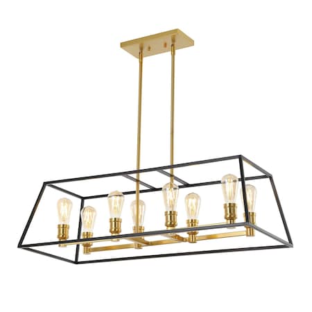 Jonathan Y Lloyd 35" 8-Light Farmhouse Industrial Iron Linear LED Pendant, Black/Brass Gold JYL6511A