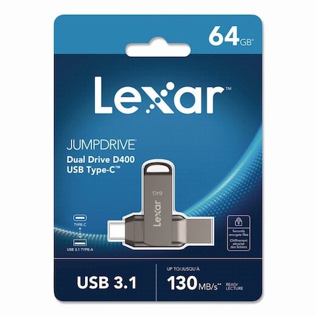 Lexar JumpDrive D400 USB 3.1 Flash Drive, 64 GB, Titanium LJDD400-64G-BNU