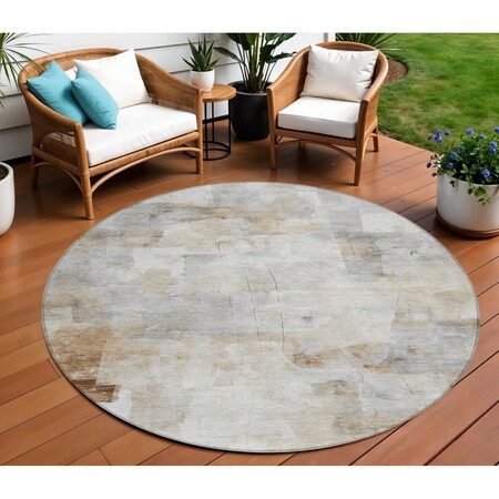 Homeroots 8' Linen Gray And Ivory Round Abstract Washable Indoor Outdoor Area Rug 616870
