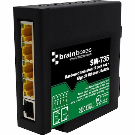 Brainboxes Ltd Brainboxes Hardened Industrial 5 Port PoE+ Gigabit Ethernet Switch SW-735