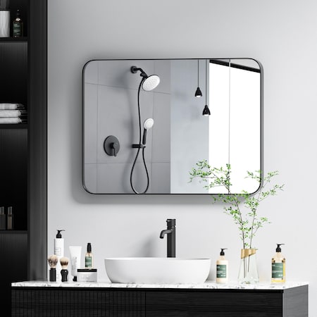 Simple Deluxe Bathroom Mirrors, Black Metal Framed Bathroom Mirror for Over Sink Wall, 22' x 30' Rounded Rectangl 3A88MIROACFY2230BLKV1