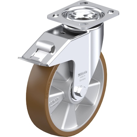 Blickle Swivel Plate Caster, PU, 8", Brake, Overall Height: 9.45" LEH-ALB 200K-14-FI
