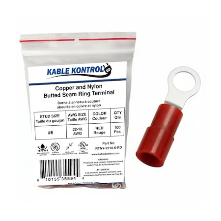 Kable Kontrol Copper and Nylon Butted Seam Ring Terminal, 22-18 AWG, Stud Size # 6, Red, 100 Pcs, 100PK RTNY-2218-6-RD