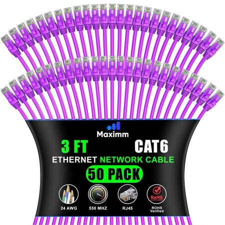 Maximm Cat6 Ethernet Cable 3ft 10Gbps 550MHz UTP, 50PK, Purple, 50PK CAT6CCA-3PU-50PK