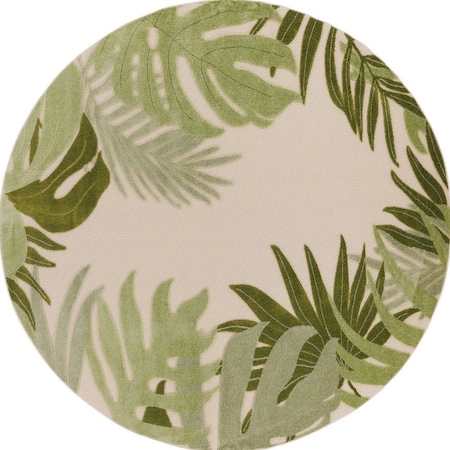 Homeroots 5' Ivory And Green Round Palm Leaf Indoor Outdoor Area Rug 548145