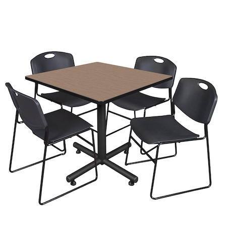 Regency Square Kobe Breakroom Table W/ 4 Zeng Stack Chairs, 36 in W, 36 in L, Noble Oak TKB3636NO44BK