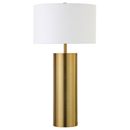 Homeroots 30" Brass Metal Table Lamp With White Drum Shade 524477