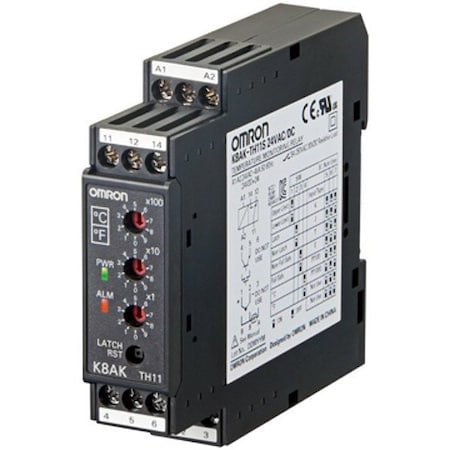 Omron DIN Rail, Temp Monitoring Relay, 5 A, 12 Pins, Screw K8AK-TH11S 100-240VAC