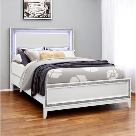 Homeroots White Faux Crystal Bling Lighted Queen Bed Frame 564728