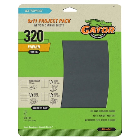 Gator Finishing 9 x 11 Project Pack Wet/Dry Sanding Sheets, 320 Grit, Very Fine, 5PK 4473
