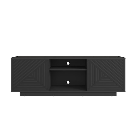 Homeroots 63in Black Ribbed Texture Wood Enclosed and Open Storage TV Stand 724161