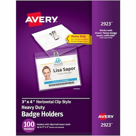 Avery Clip Style Photo ID Badge Holders, Horizontal, 3" x 4", 100/Box 2923