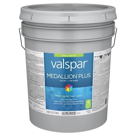 Valspar Medallion Plus 2300 Latex Paint, Acrylic Base, Satin Sheen, Ultra White Base, 5 gal 028.0023002.008