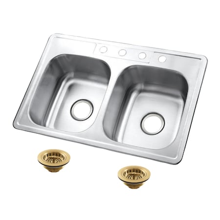 Kingston Brass 33-Inch Stainless Steel Self-Rimming Double Bowl Drop-In Kitchen Sink, 4-Hole with Strainer KGKTD332277