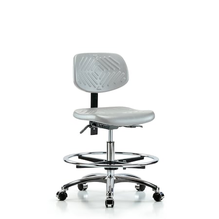 Blue Ridge Ergonomics Poly Chair Chrome - Medium Bench Height with Seat Tilt, Chrome Foot Ring, & Casters in Gray Poly PMBCH-CR-T1-A0-CF-CC-GRY
