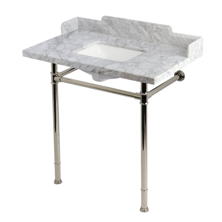 Kingston Brass 36-Inch Carrara Marble Console Sink with Stainless Steel Legs, 8-Inch, 3-Hole KMS36227M8SQ6