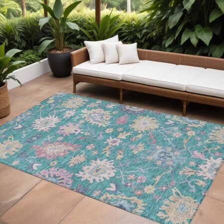 Homeroots 9' X 12' Teal Blue Pink And Ivory Floral Washable Indoor Outdoor Area Rug 605341