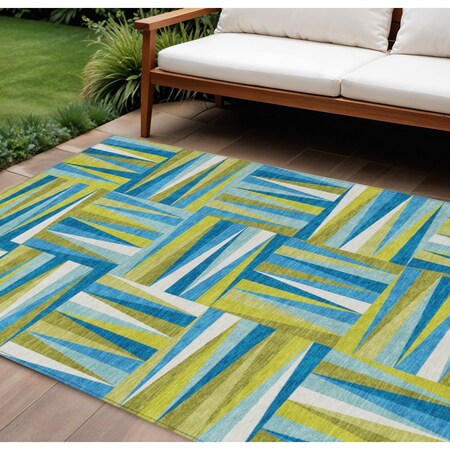 Homeroots 9' X 12' Teal Blue Green And Ivory Geometric Washable Indoor Outdoor Area Rug 598308