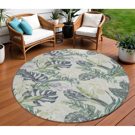 Homeroots 8' Artichoke Green Lavender And Ivory Round Botanical Leaves Washable Indoor Outdoor Area Rug 618384