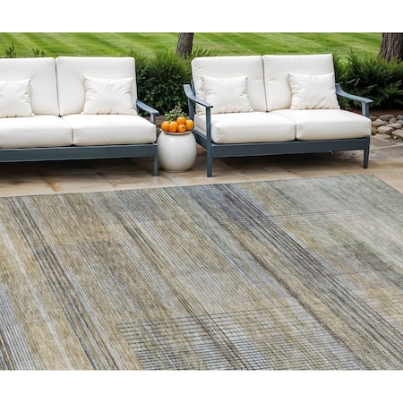 Homeroots 10' X 14' Khaki Tan And Beige Striped Washable Indoor Outdoor Area Rug 588063