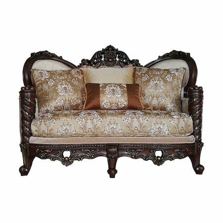 Homeroots 68in Cream And Brown Damask Chesterfield Loveseat and Toss Pillows 348218
