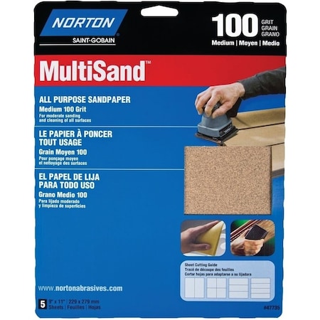 Norton Co MultiSand 076607 Abrasive Sheet, 11 in L, 9 in W, Medium, P100 Grit, Aluminum Oxide Abrasive 47735