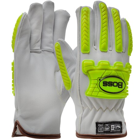 Boss Premium Top Grain Goatskin Leather Drivers Glove w/Engineered Yarn Lining, Hi-Vis Impact Protection 09-LC650MPW/XXL