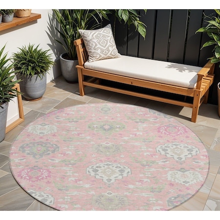 Homeroots 8' Pink Ivory And Gray Round Damask Washable Indoor Outdoor Area Rug 599444