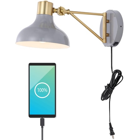 Jonathan Y Lynn 15 in. Swing Arm 1-Light Modern Midcentury Iron USB Charging Port LED Sconce, Grey/Brass Gold JYL1300C