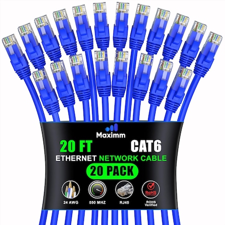 Maximm Cat6 Ethernet Cable 10Gbps 550MHz UTP, 20PK, Blue, 20PK BL20PK09